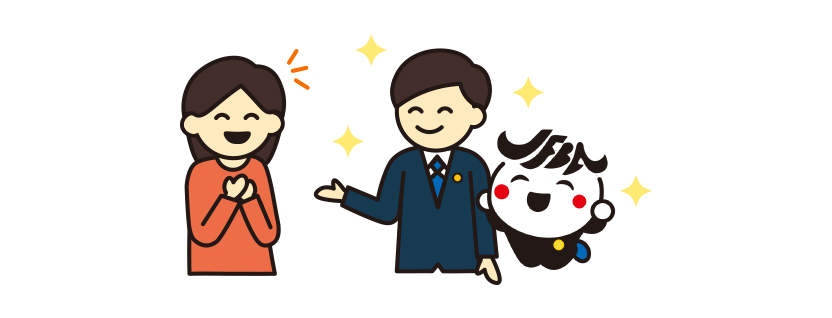 女性にありがとうと言われた男性の弁護士がジャフバくんと笑顔になっているイラスト