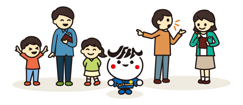 男性の弁護士がブルーのシャツで子どもたちと、女性の弁護士がカーディガン姿で男性とお話をしているイラスト。ジャフバくんも法衣すがたで真ん中に立ってます。