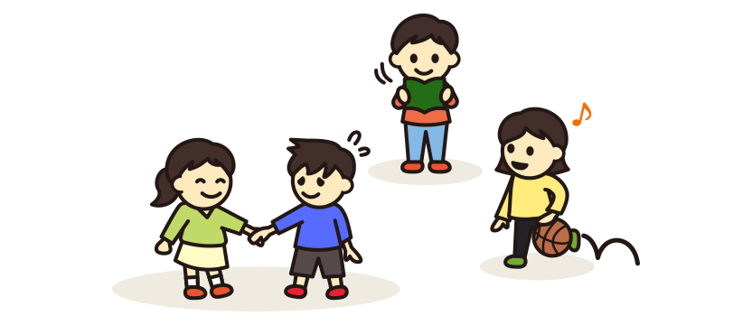 子どもたちが、おにごっこをしたり、本を読んだり、ボール遊びをしているイラスト