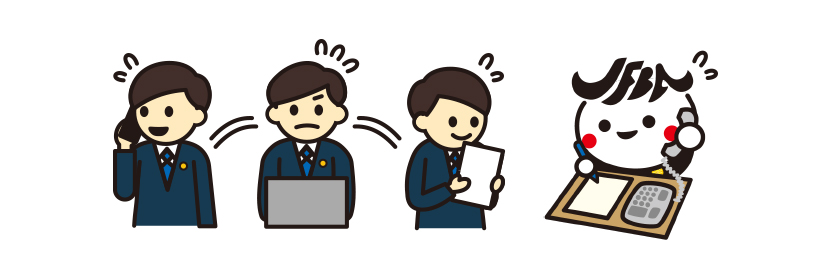 弁護士が忙しそうに仕事をしている様子のイラスト。ジャフバ君も電話をとってお手伝いをしています。